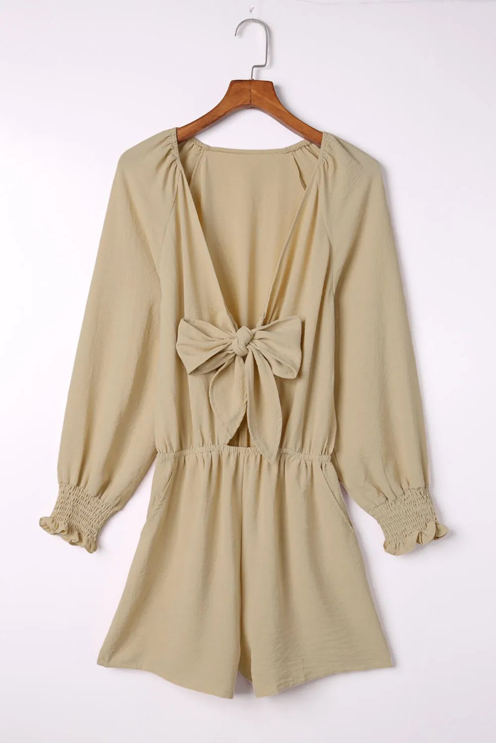 Beige Tie Knot Puff Long Sleeve Romper - Chic Meadow Boutique 