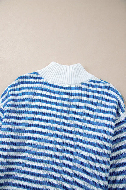 Sky Blue Stripe Zip up Collar Drop Shoulder Sweater - Chic Meadow Boutique 