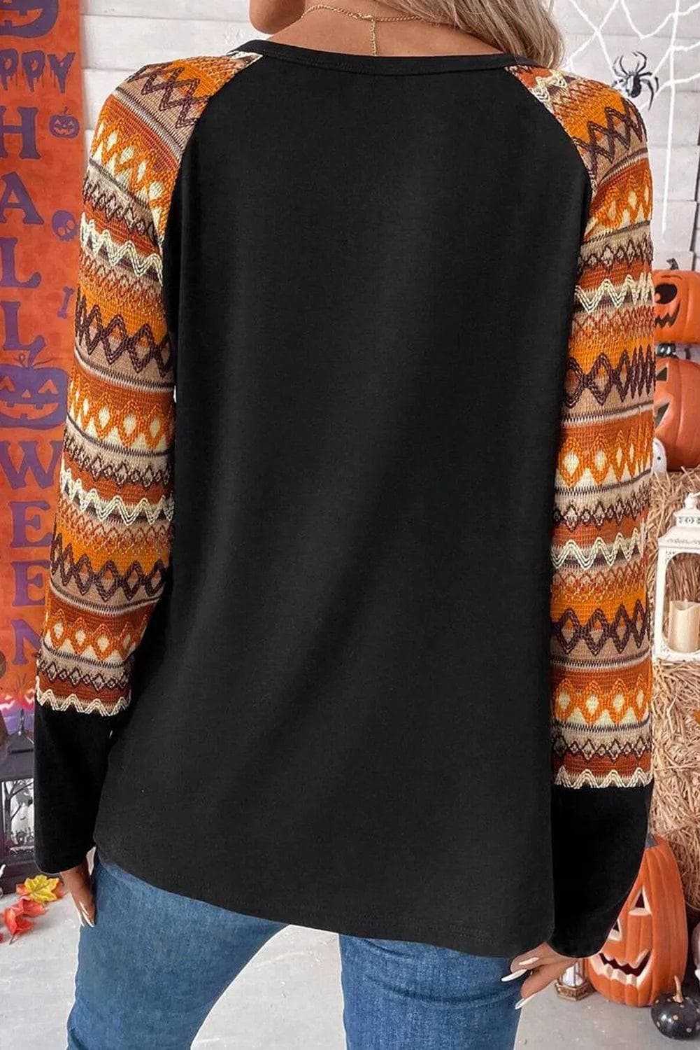 Tops/Long Sleeve Tops Orange Geo Print Raglan Patchwork Long Sleeve Tee