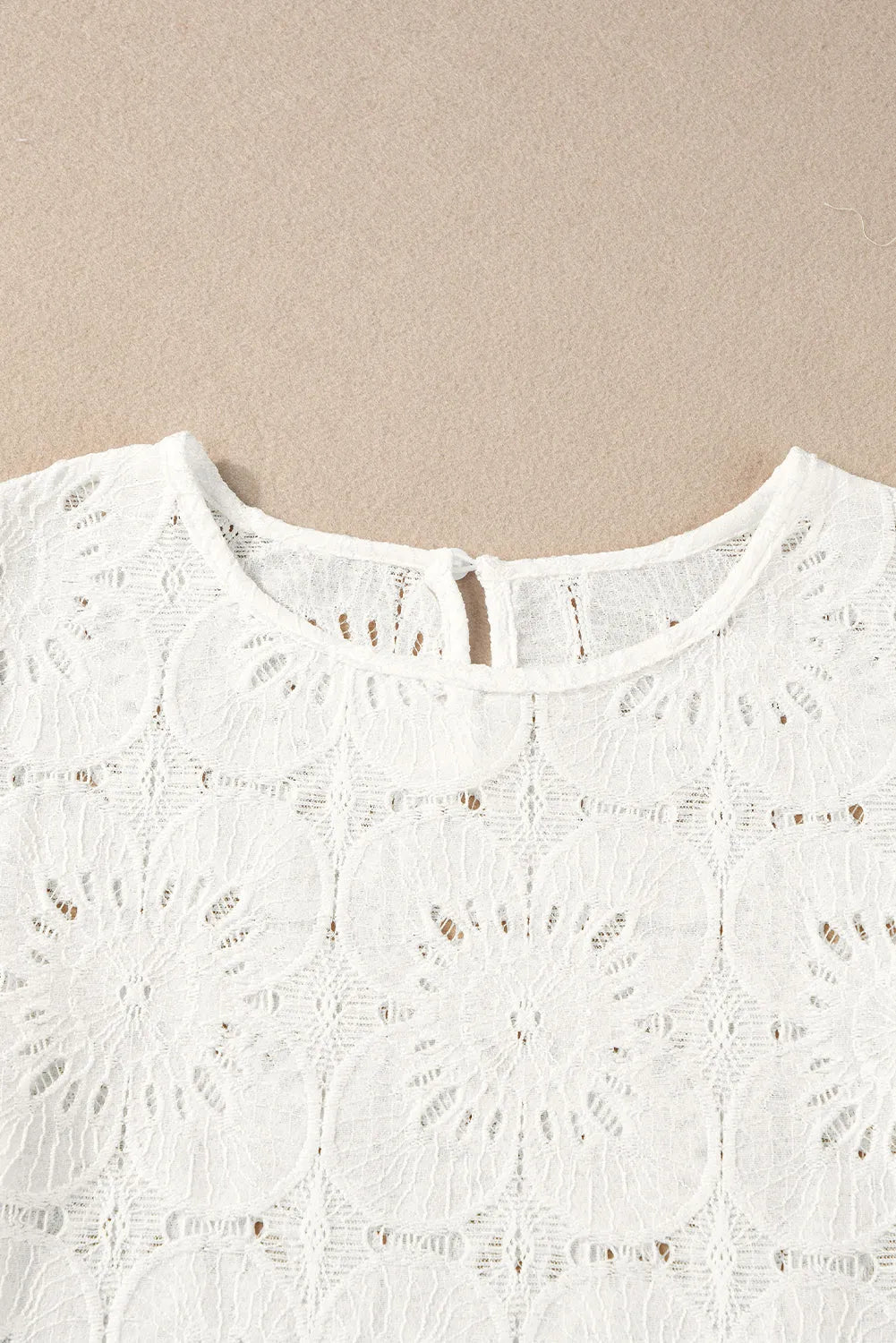 White Flower Eyelet Jacquard Keyhole Flounce Sleeve Top - Chic Meadow Boutique 