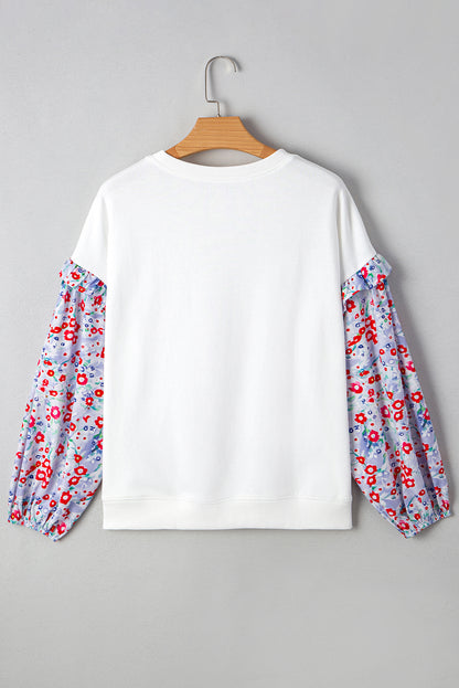 White Floral Ruffled Balloon Sleeve Patchwork Loose Blouse