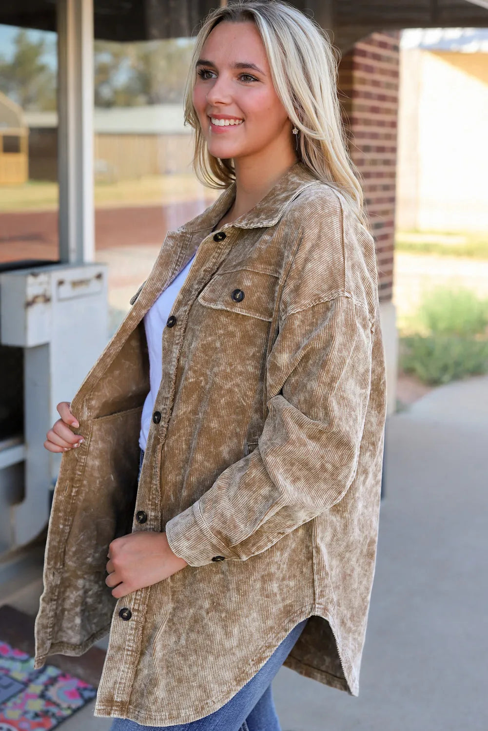 Khaki Vintage Distressed Mineral Wash Oversized Shacket - Chic Meadow Boutique 