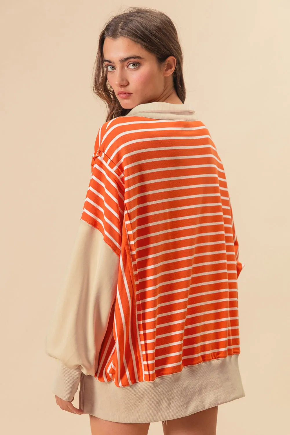 Orange Stripe Color Block Loose Fit Collared Drop Shoulder Sweatshirt - Chic Meadow Boutique 