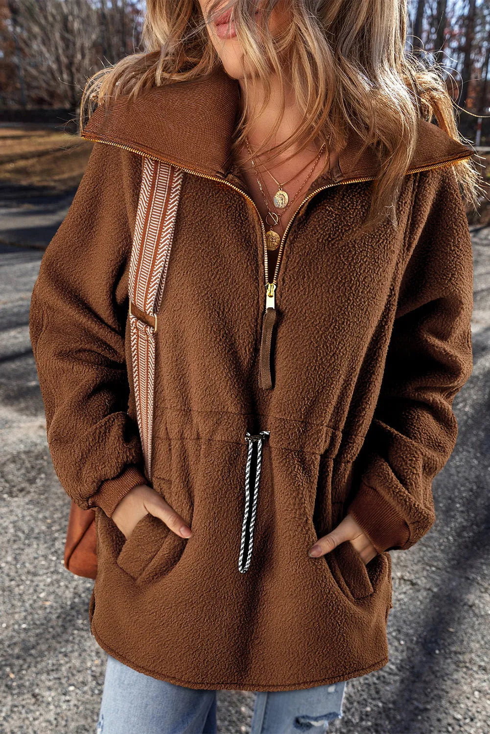 Brown Half Zip Fleece Pullover Sweatshirt - Chic Meadow Boutique 