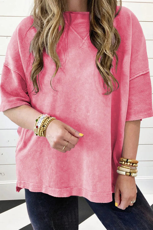 Strawberry Pink Mineral Wash Drop Sleeve Patchwork Plus Tee - Chic Meadow Boutique 