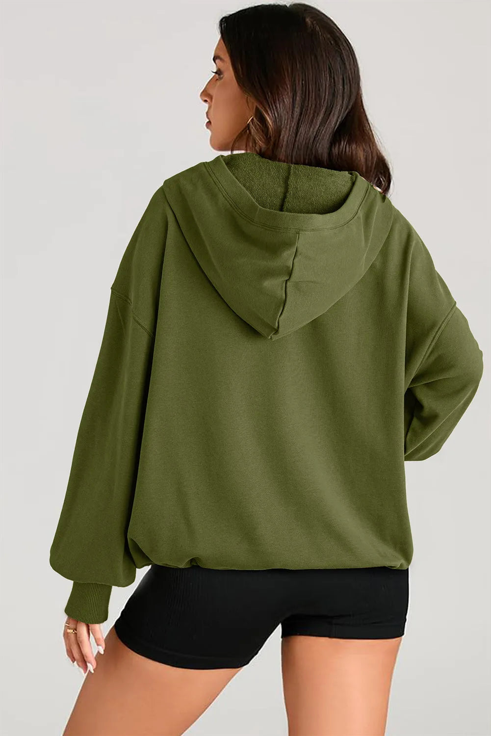 Moss Green Solid Kangaroo Pocket Half Zipper Oversized Hoodie - Chic Meadow Boutique 