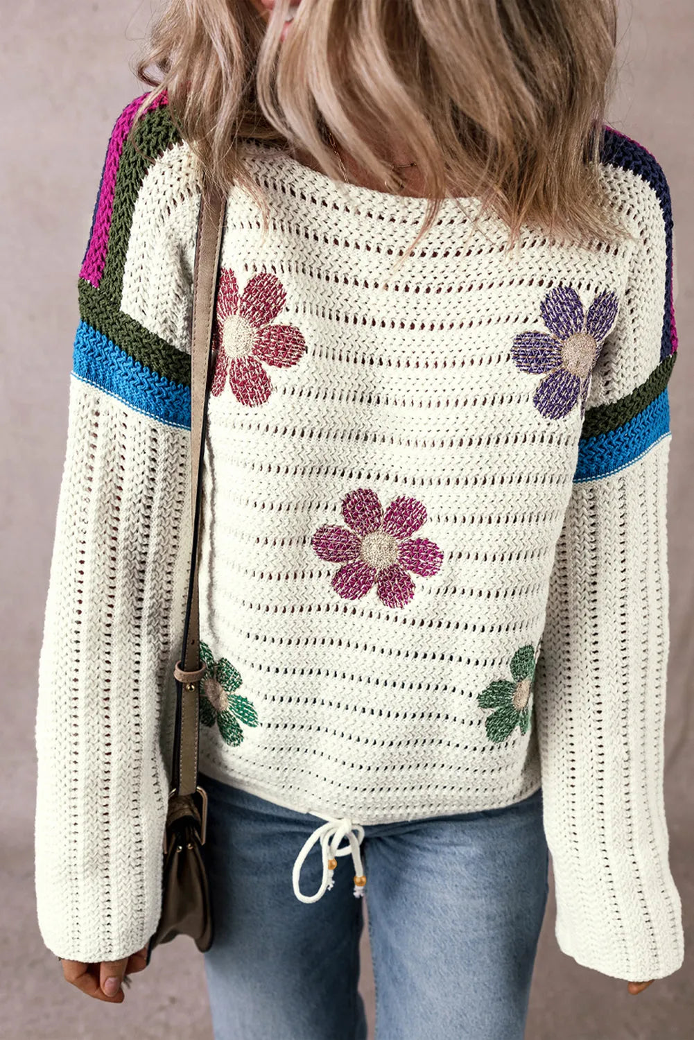 White Daisy Flower Pointelle Knit Sweater - Chic Meadow Boutique 