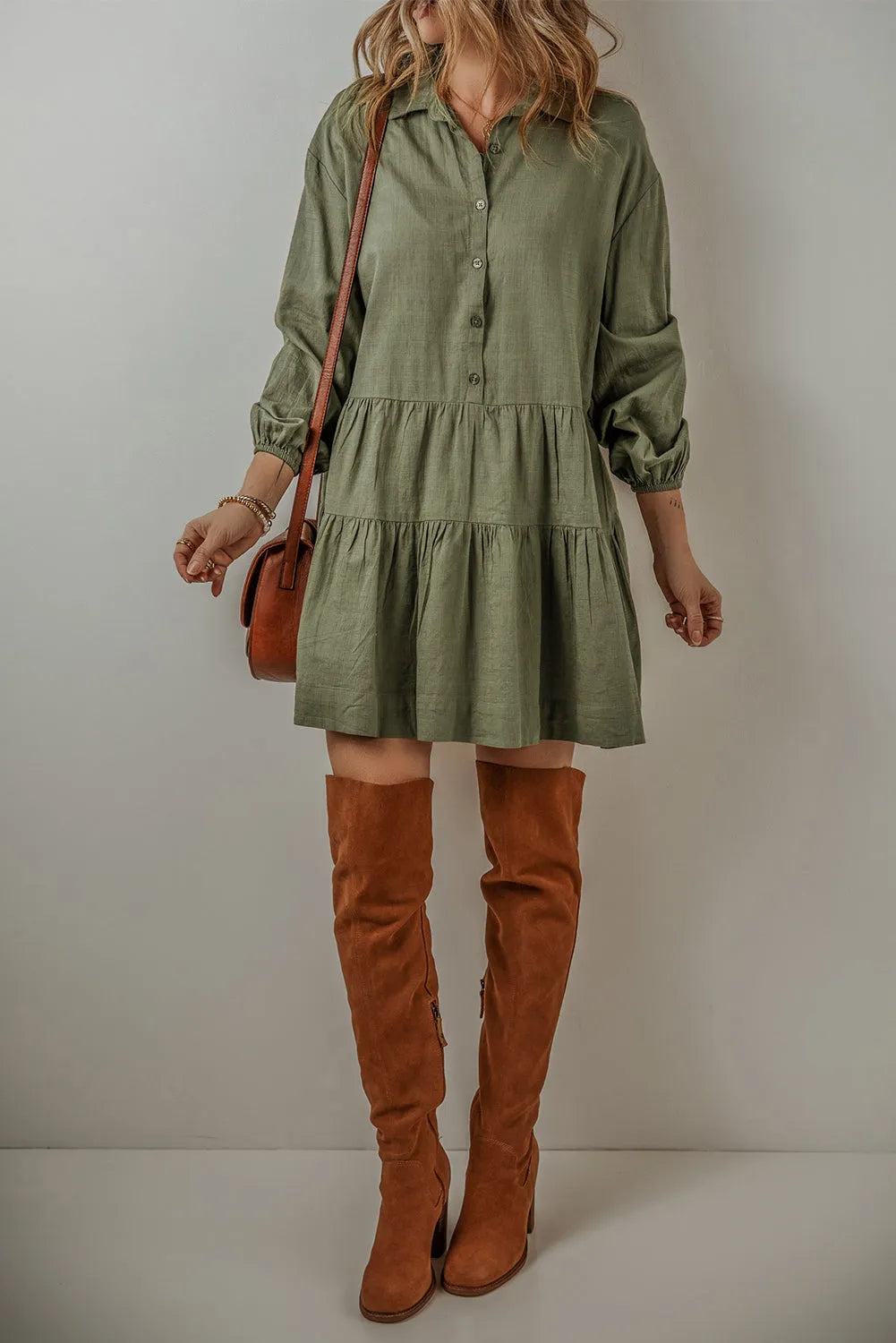 Jungle Green Puff Sleeve Buttoned Tiered Pleated Shirt Mini Dress - Chic Meadow Boutique 