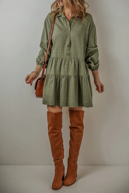 Jungle Green Puff Sleeve Buttoned Tiered Pleated Shirt Mini Dress - Chic Meadow Boutique 