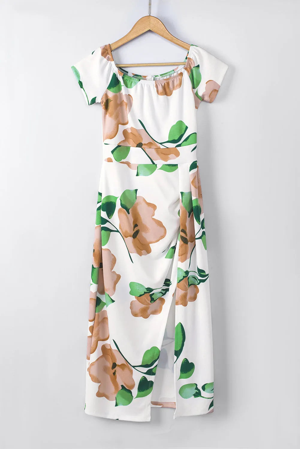 Green Floral Print Off Shoulder Slit Bodycon Midi Dress - Chic Meadow Boutique 