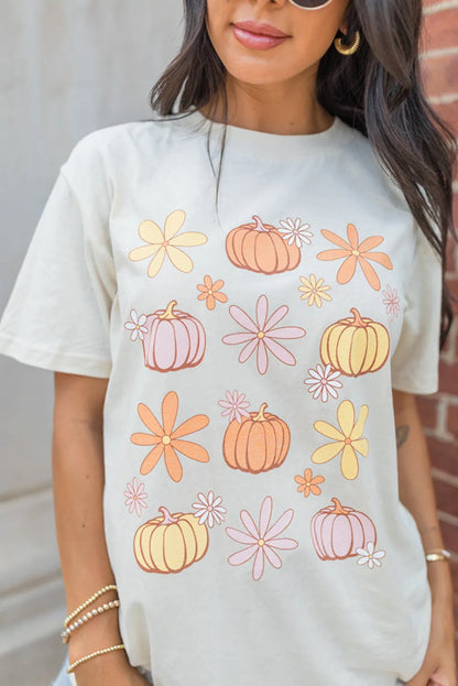 White Floral Pumpkin Graphic Crewneck Halloween T Shirt - Chic Meadow Boutique 