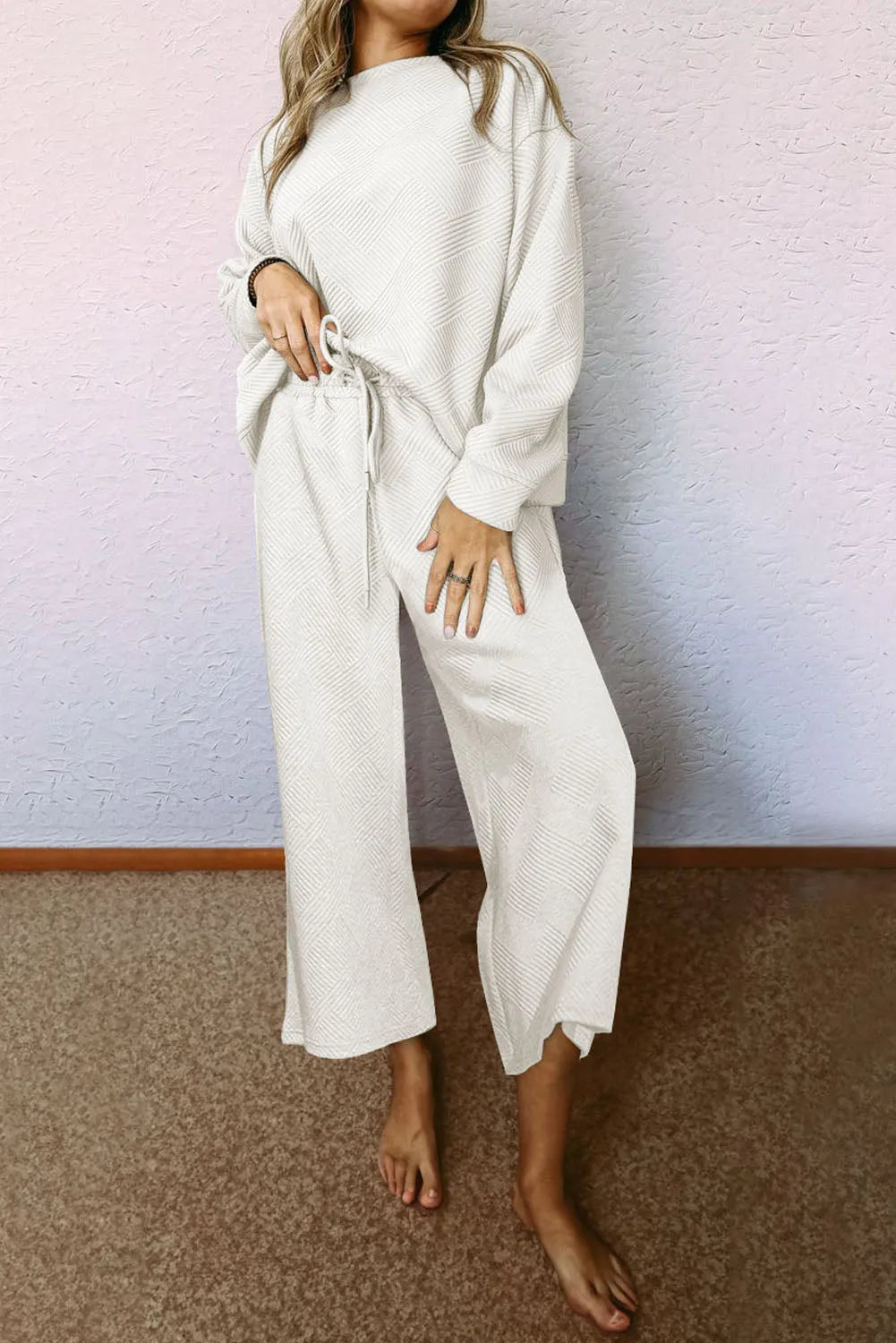 White Ultra Loose Textured 2pcs Slouchy Outfit - Chic Meadow Boutique 