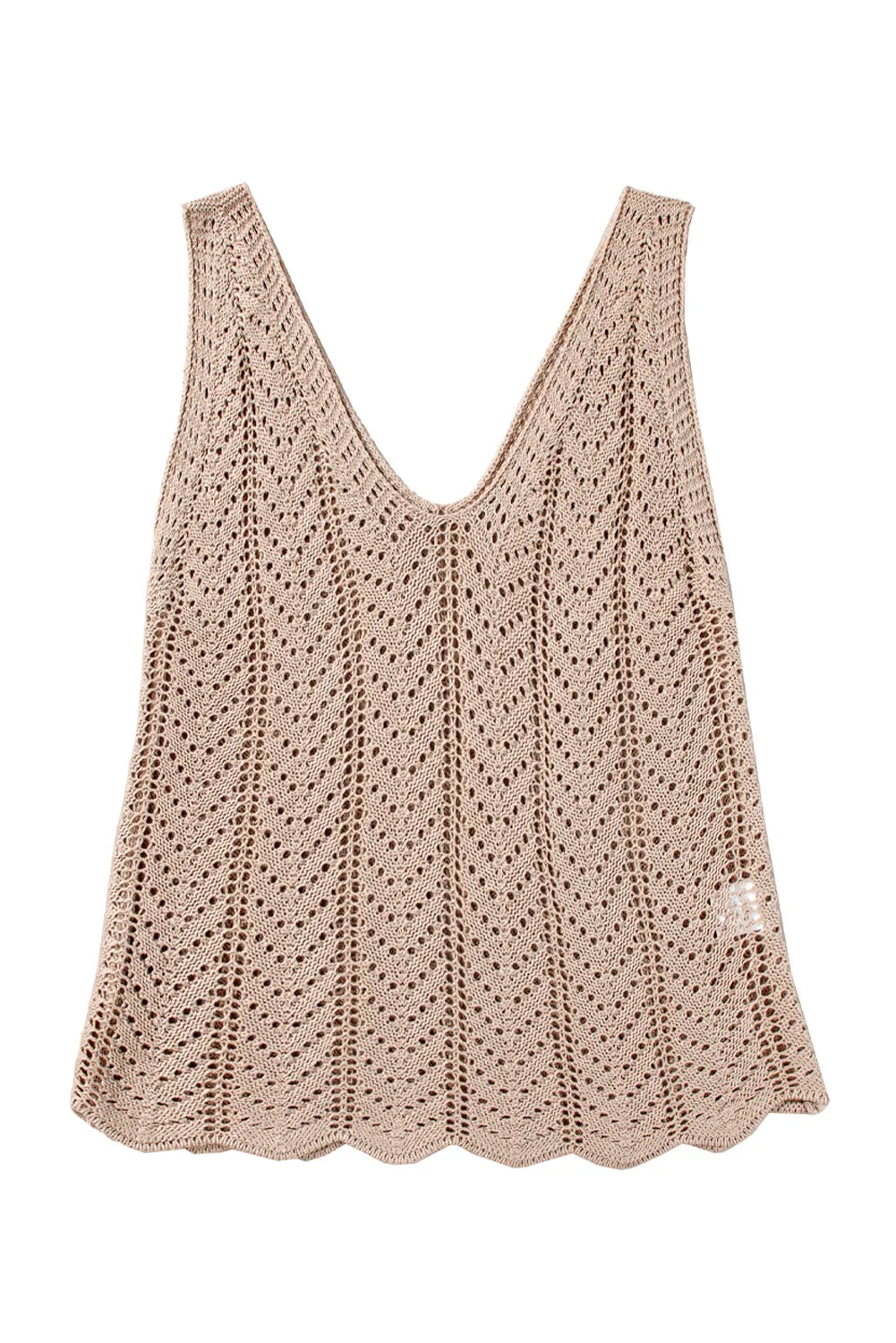 Pale Khaki Scalloped Hem V Neck Crochet Knit Vest - Chic Meadow Boutique 