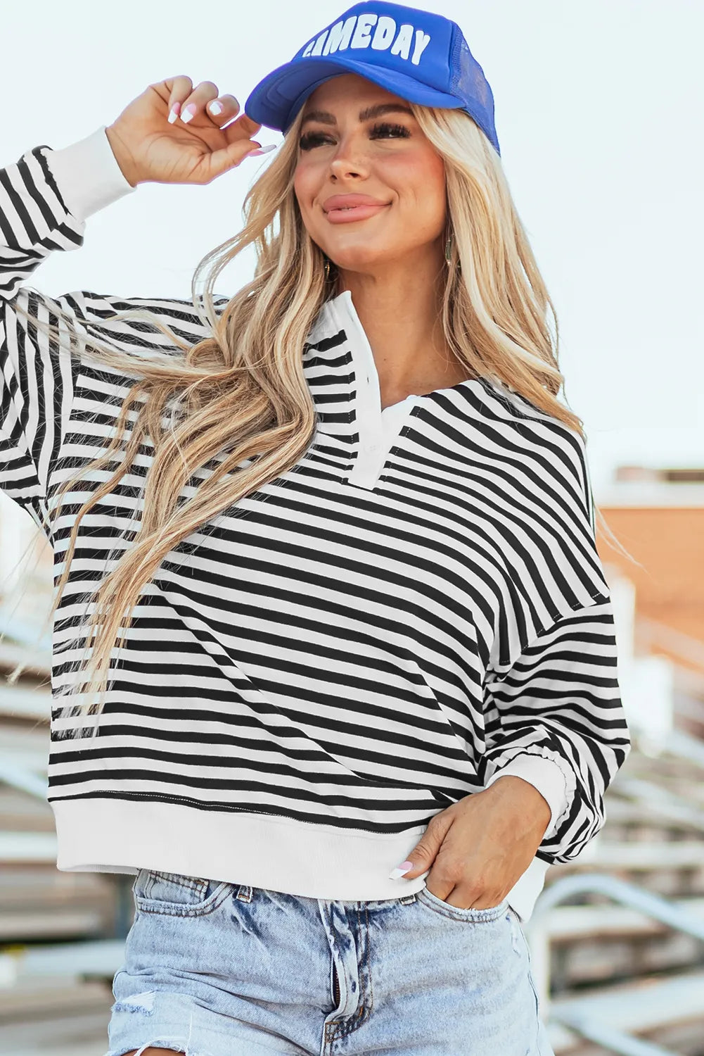 White Stripe Color Block Buttoned Crew Neck Oversized Sweatshirt - Chic Meadow Boutique 