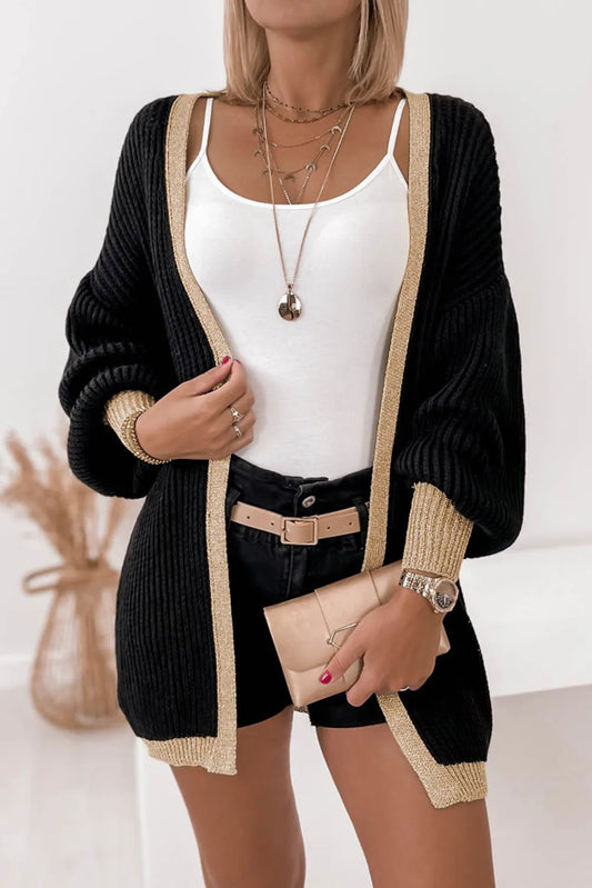 Black Contrast Trim Open Front Lantern Sleeves Cardigan - Chic Meadow Boutique 