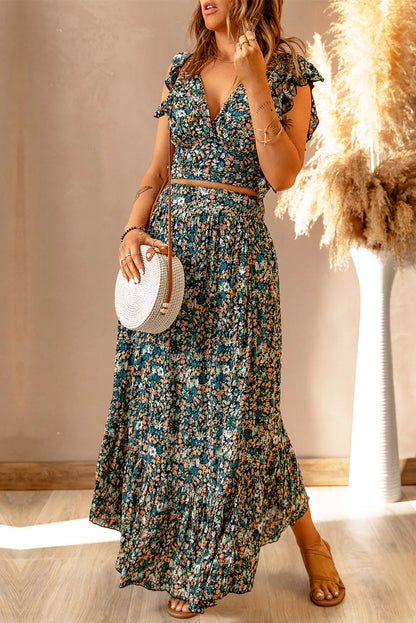 Multicolor Floral Ruffled Crop Top and Maxi Skirt Set - Chic Meadow Boutique 