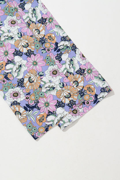 Purple Floral Print Smocked High Waist Square Neck Jumpsuit