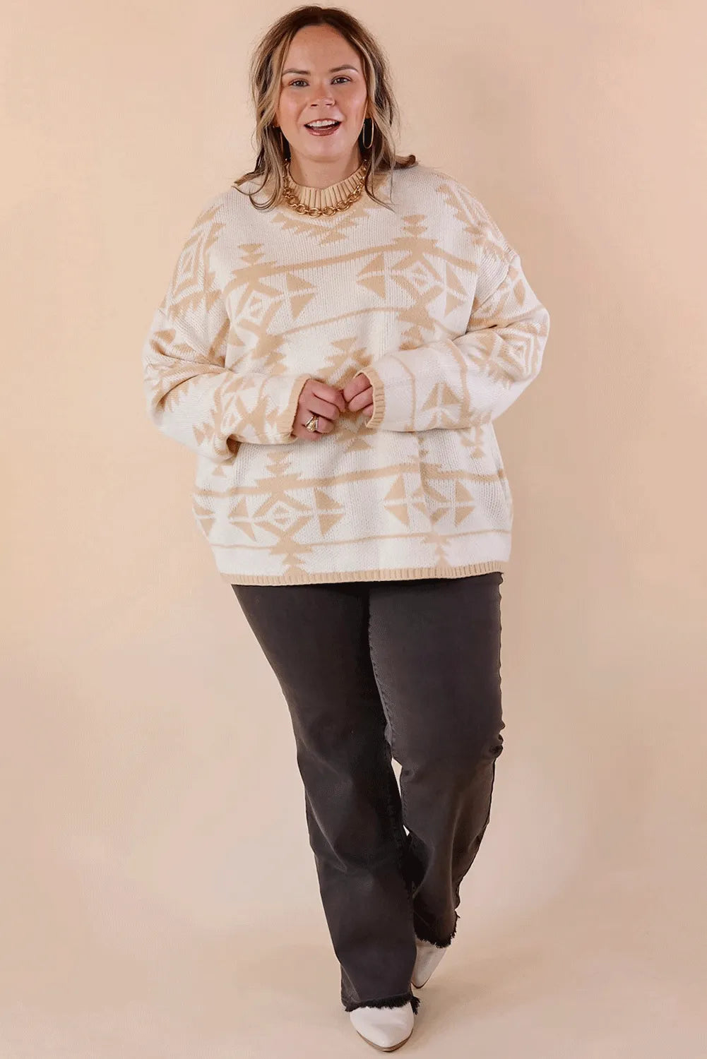 Apricot Plus Size Western Aztec Print Loose Sweater - Chic Meadow Boutique 