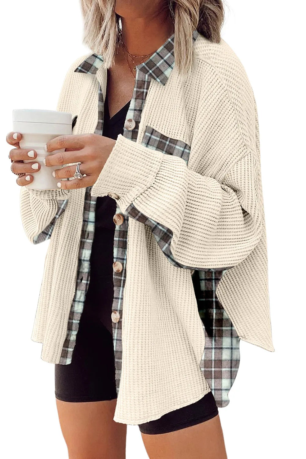 Apricot Plaid Patchwork Waffle Thermal Knit Shacket - Chic Meadow Boutique 