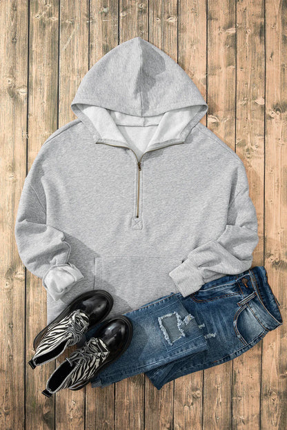 Light Grey Fleece Lined Half Zipper Kangaroo Pockets Loose Hoodie - Chic Meadow Boutique 