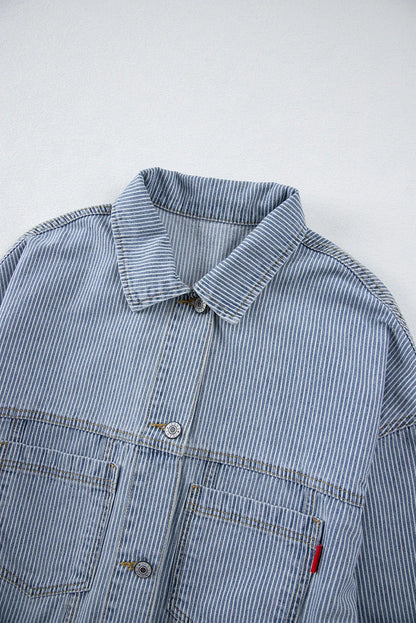 Sky Blue Stripe Washed Oversize Pocketed Denim Jacket - Chic Meadow Boutique 