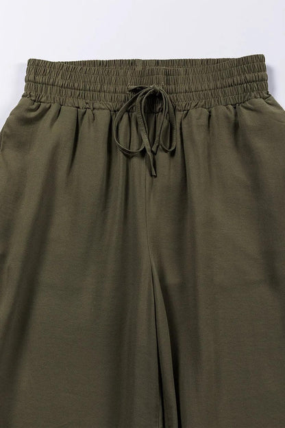 Bottoms/Pants & Culotte Green Brown Drawstring Elastic Waist Casual Wide Leg Pants