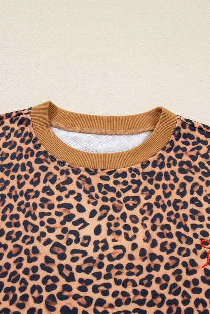 Khaki Leopard Pullover and Pants 2pcs Outfit with Bow Embroidery