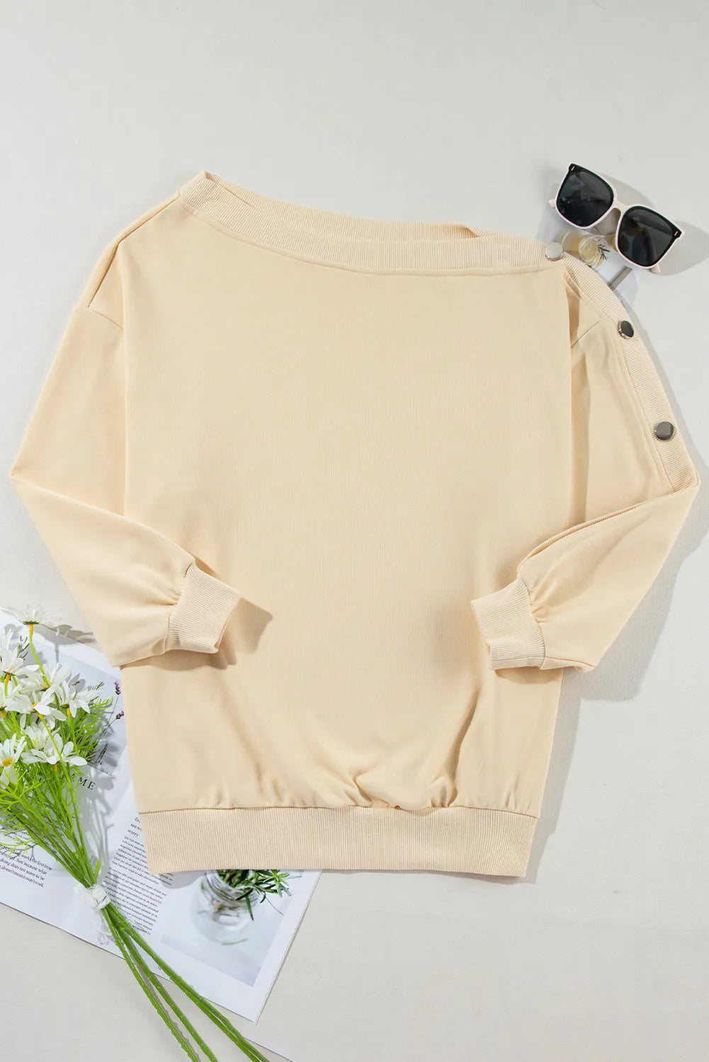 Beige Buttoned Sleeve Dropped Shoulder Sweatshirt - Chic Meadow Boutique 