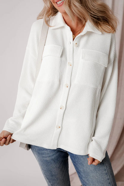 White Solid Color Corduroy Buttoned Long Sleeve Jacket - Chic Meadow Boutique 