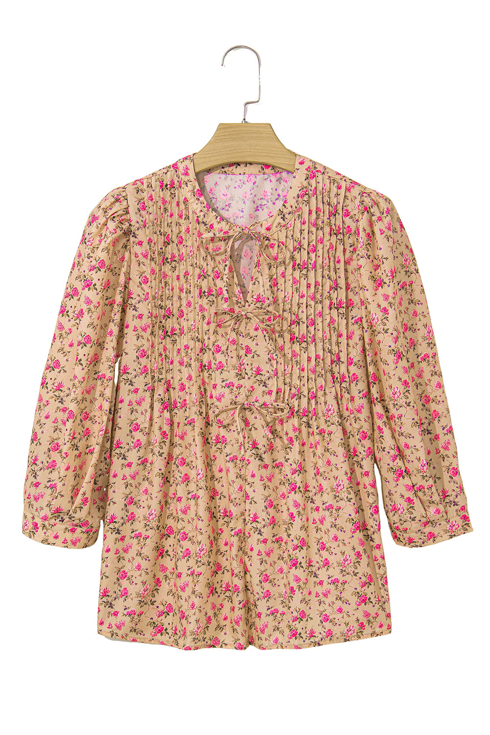 Light French Beige Floral Print Bow Pintuck Bust Half Puff Sleeve Blouse Top