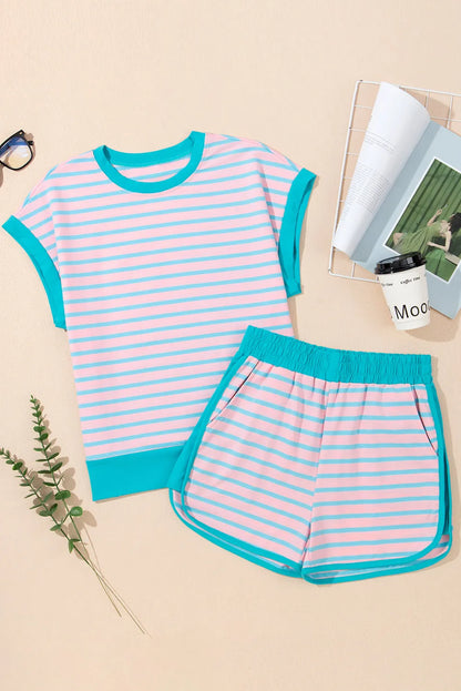 Pink Stripe Color Block Loose Fit Two Piece Shorts Set - Chic Meadow Boutique 