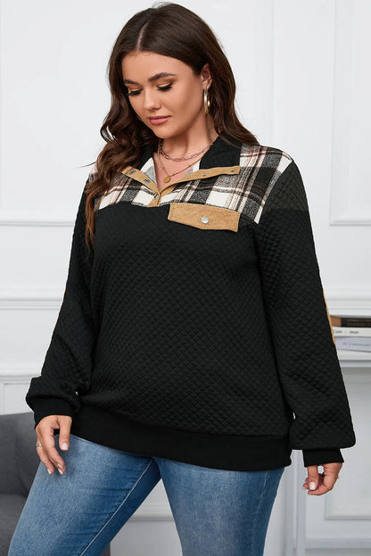 Black Plus Size Quilted Plaid Patch Henley Sweatshirt - Chic Meadow Boutique 