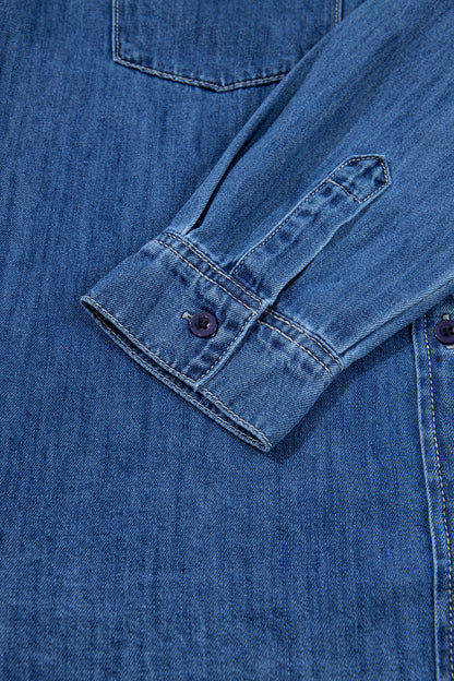 Sail Blue Western Patch Pockets Tunic Length Long Sleeve Denim Shirt