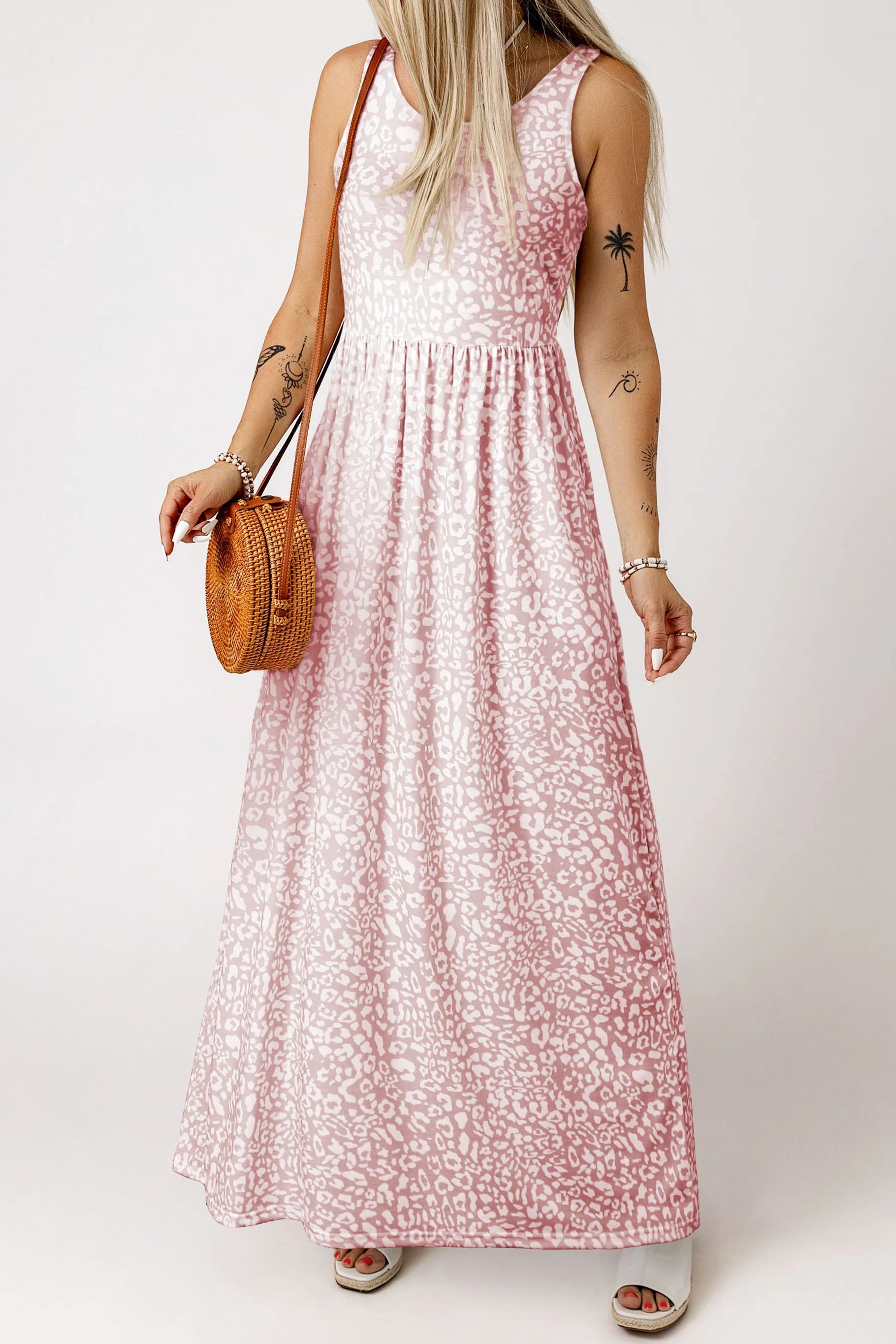 Dresses/Maxi Dresses Pink Leopard Print Pocketed Sleeveless Maxi Dress