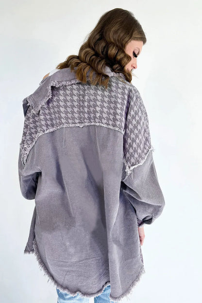 Medium Grey Retro Distressed Houndstooth Patchwork Denim Jacket - Chic Meadow Boutique 