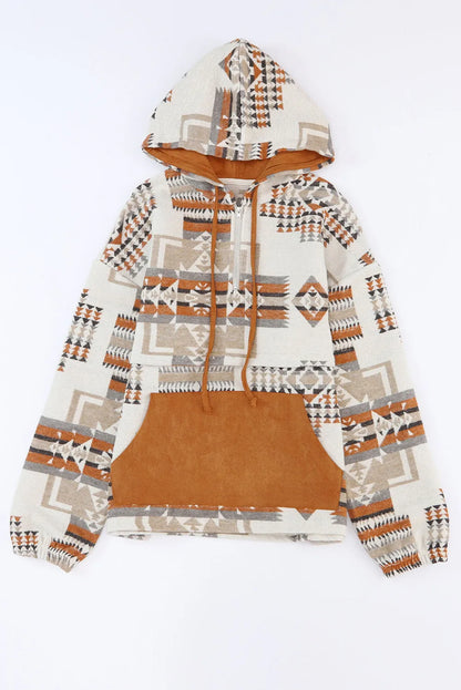 Beige Aztec Print Kangaroo Pocket Half-Zip Hoodie - Chic Meadow Boutique 