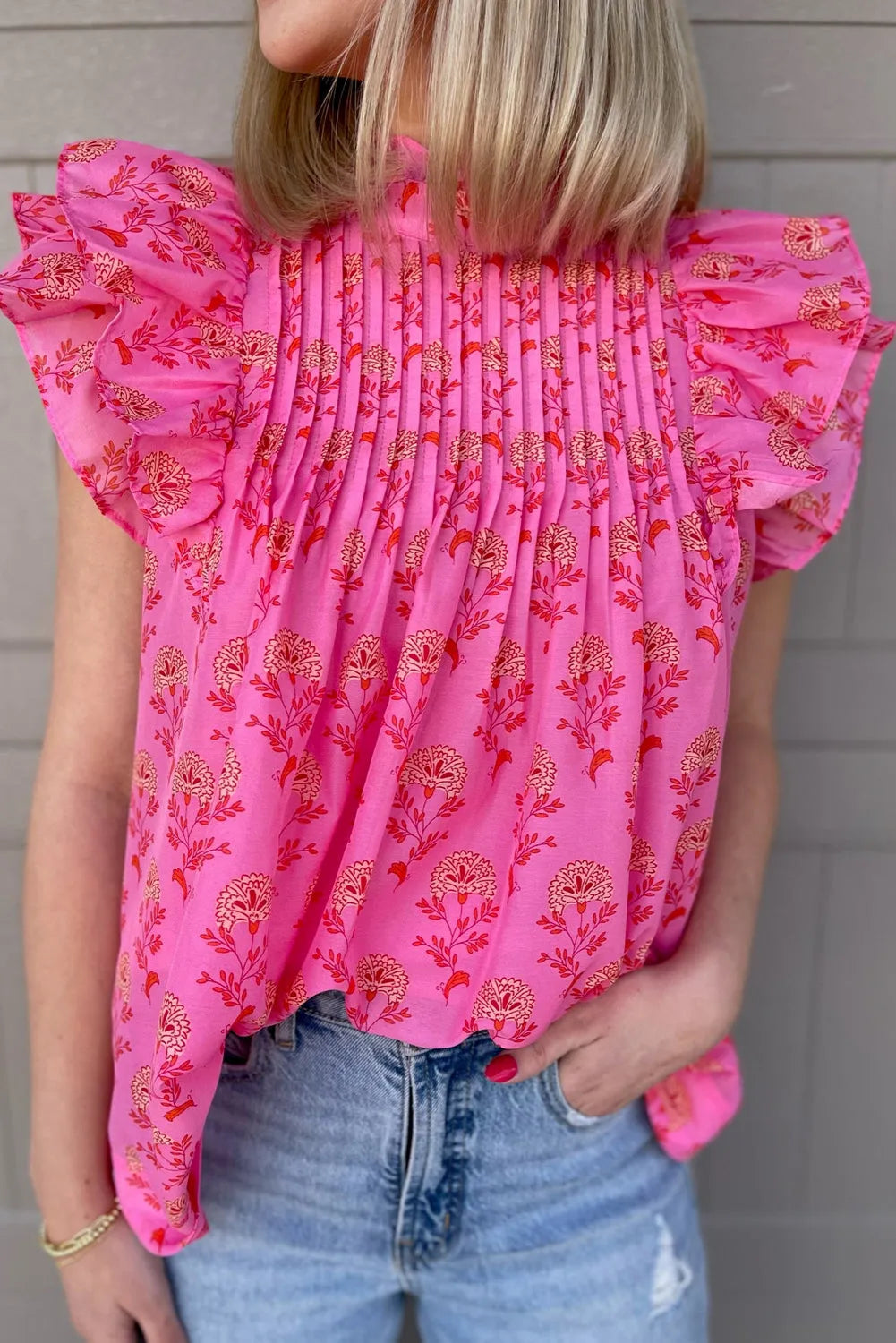 Rose Red Floral Print Pleated Ruffled Flutter Sleeve Blouse - Chic Meadow Boutique 