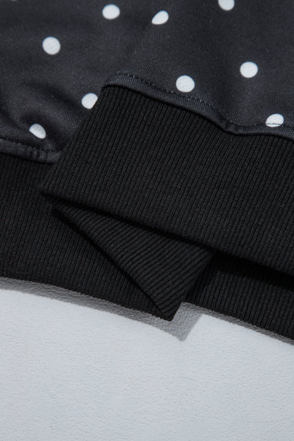 Black Polka Dot Print Metal Button Collar Casual Pullover Sweatshirt