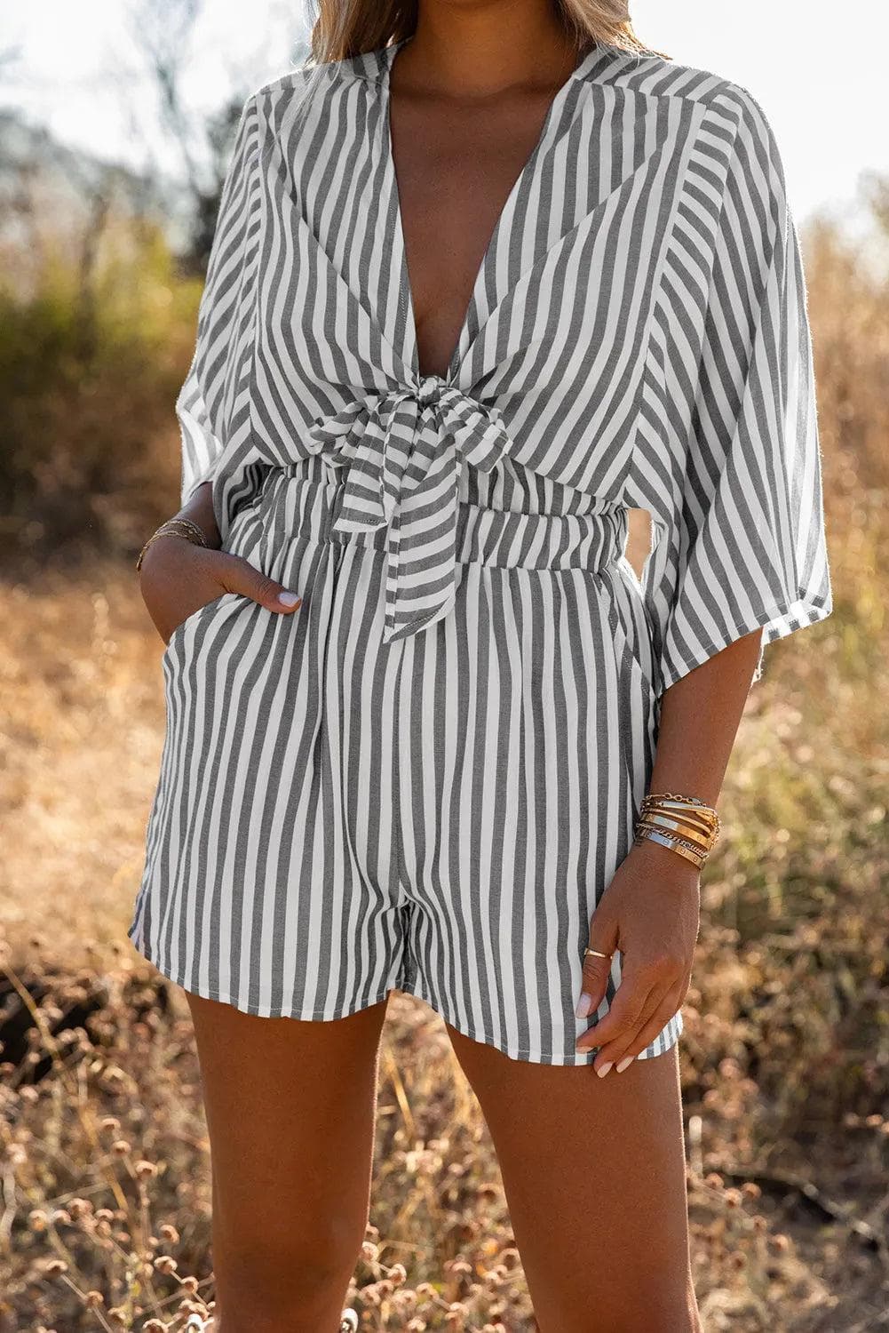 Gray 3/4 Wide Kimono Sleeves Tie Front Striped Romper with Pockets - Chic Meadow Boutique 