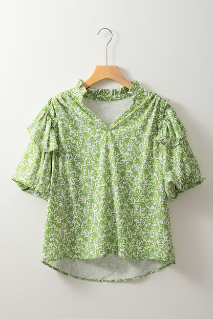 Light Green Floral Ruffle Puff Short Sleeve Frilled Collar V Neck Blouse