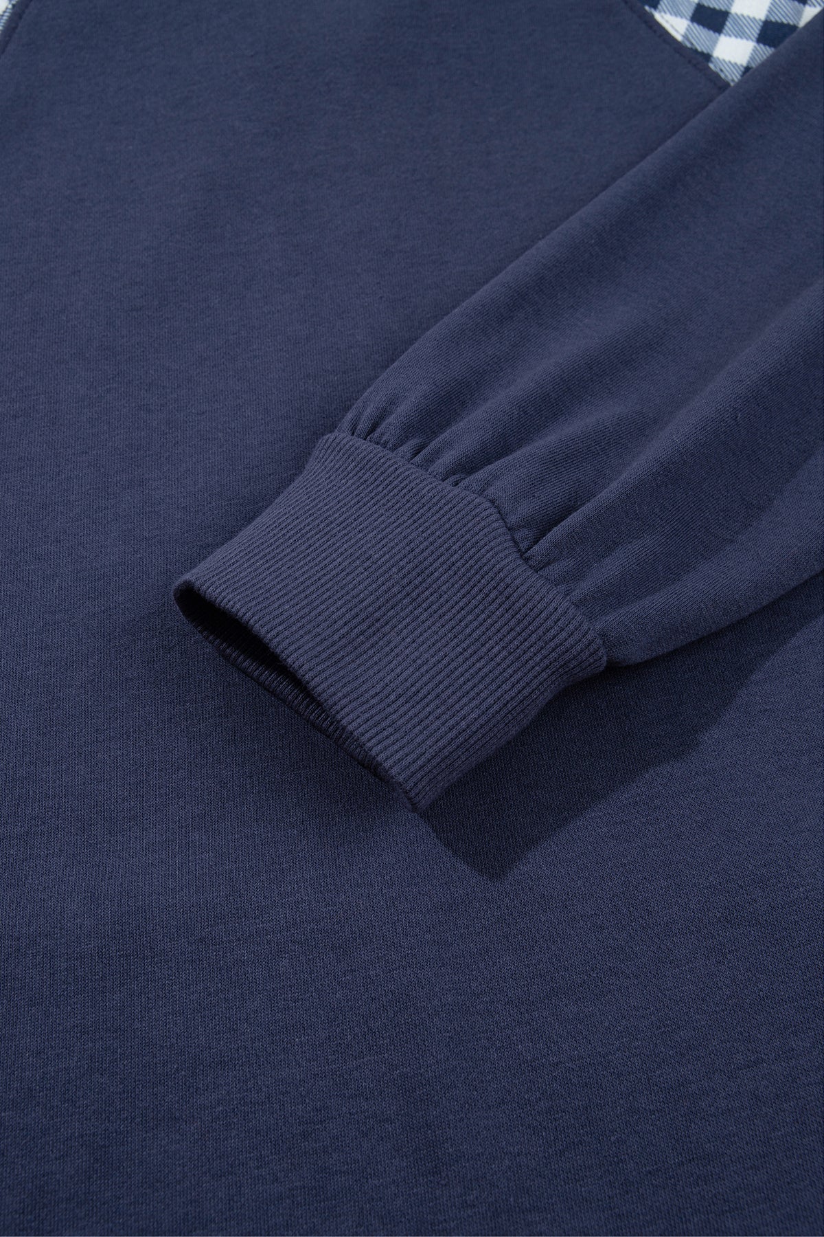 Navy Blue Patchwork Plaid Pocket Quarter Zip Sweatshirt