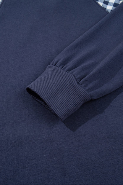 Navy Blue Patchwork Plaid Pocket Quarter Zip Sweatshirt