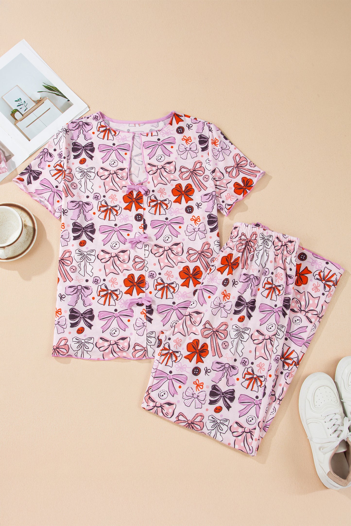 Pink Diverse Bows Buttons Printed Contrast Trim Short Sleeve Shirt Pajama Pant Set