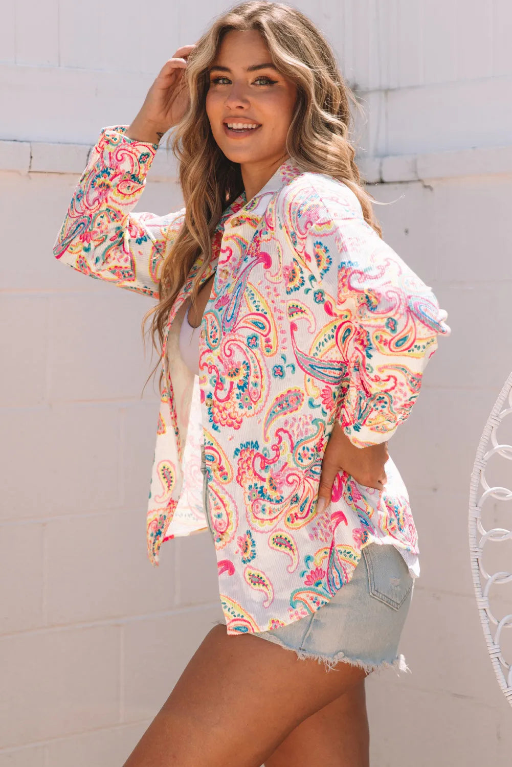 White Paisley Pattern Print Buttoned Corduroy Shacket - Chic Meadow Boutique 