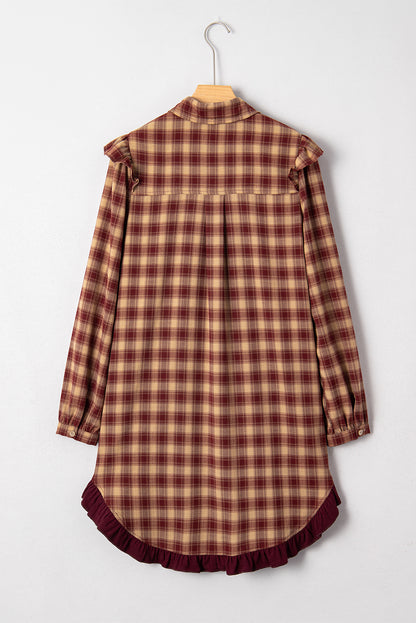 Red Plaid Print Ruffled Long Sleeve Patchwork Hem Mini Shirt Dress