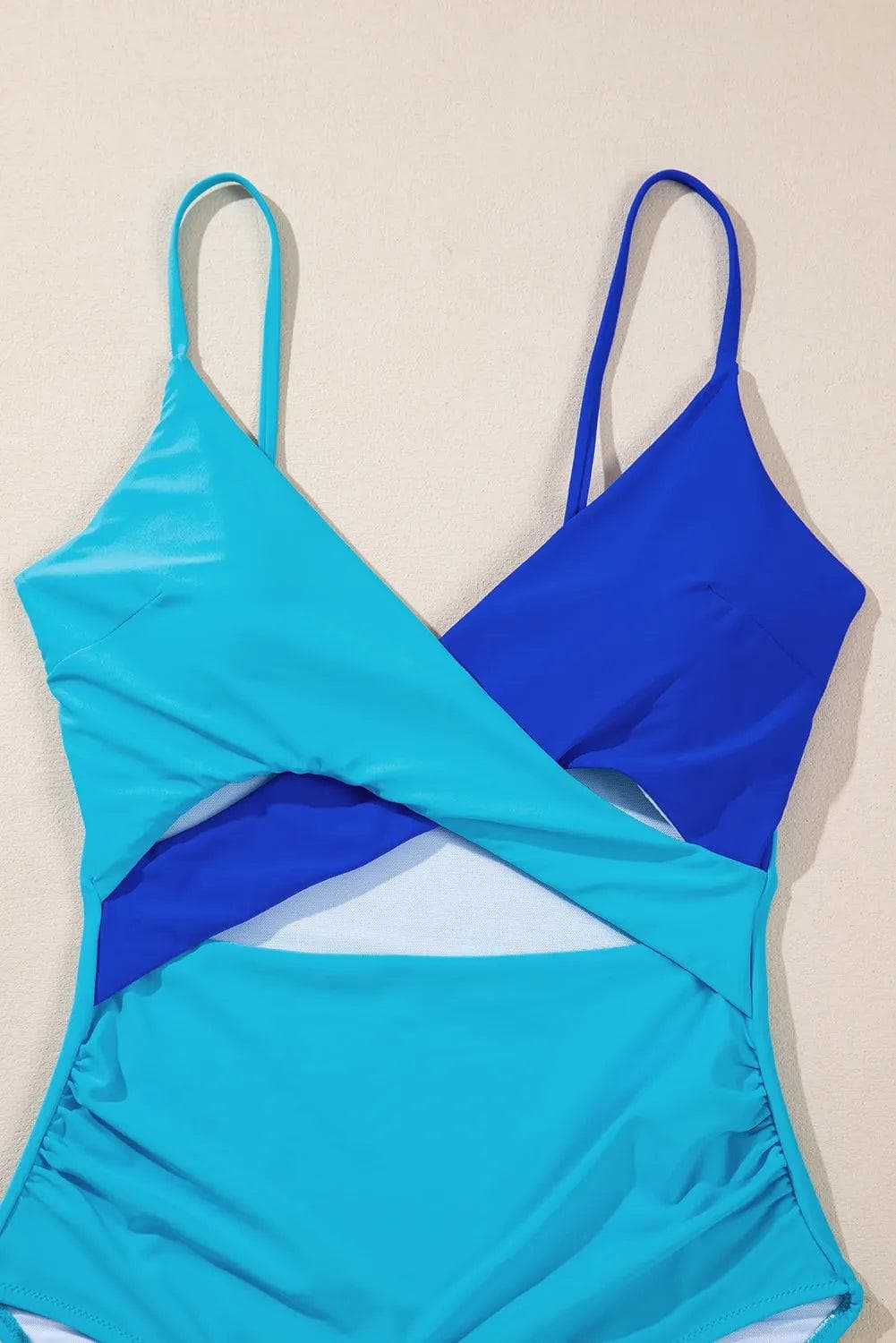 Light Blue Crossover Colorblock Cutout One Piece Swimsuit - Chic Meadow Boutique 