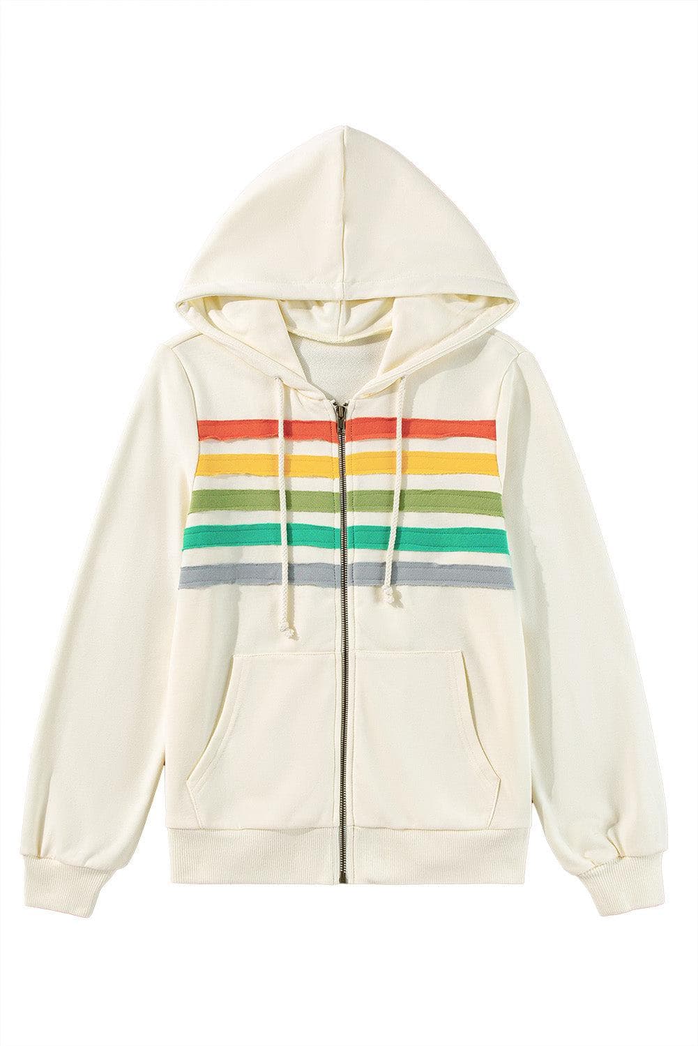 Tops/Sweatshirts & Hoodies Apricot Colorblock Striped Patchwork Side Pockets Zipper Hoodie