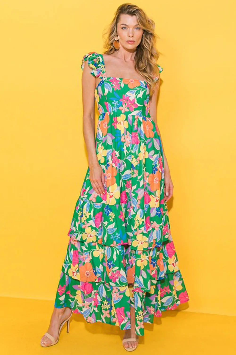 Green Floral Print Sleeveless Ruffle Tiered Maxi Dress - Chic Meadow Boutique 