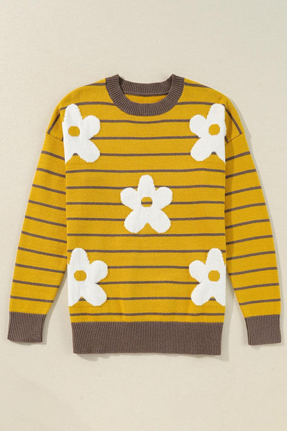 Sweaters & Cardigans/Sweaters Yellow Stripe Daisy Floral Knitted Round Neck Sweater