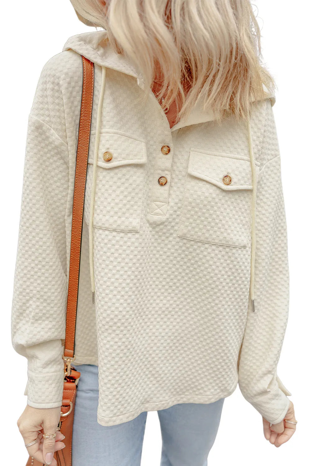 Apricot Textured Buttoned Neckline Side Pockets Hoodie - Chic Meadow Boutique 